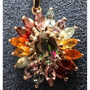 925 Sterling Silver Flower Pendant Necklace 18" Multicolor Stones‎ 2.47g